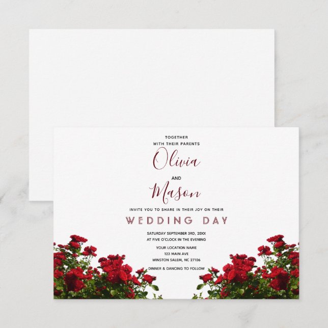 Elegante invitación a la boda floral de rosa roja (Anverso / Reverso)