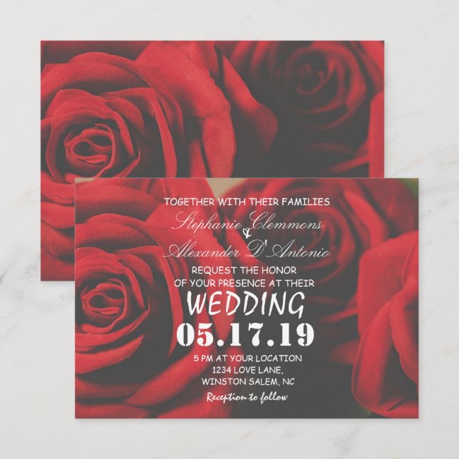 Elegante invitación a la boda floral de rosa roja (Anverso / Reverso)