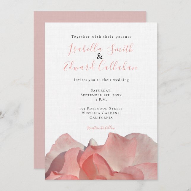 Elegante invitación a la boda floral de rosa rosa  (Anverso / Reverso)