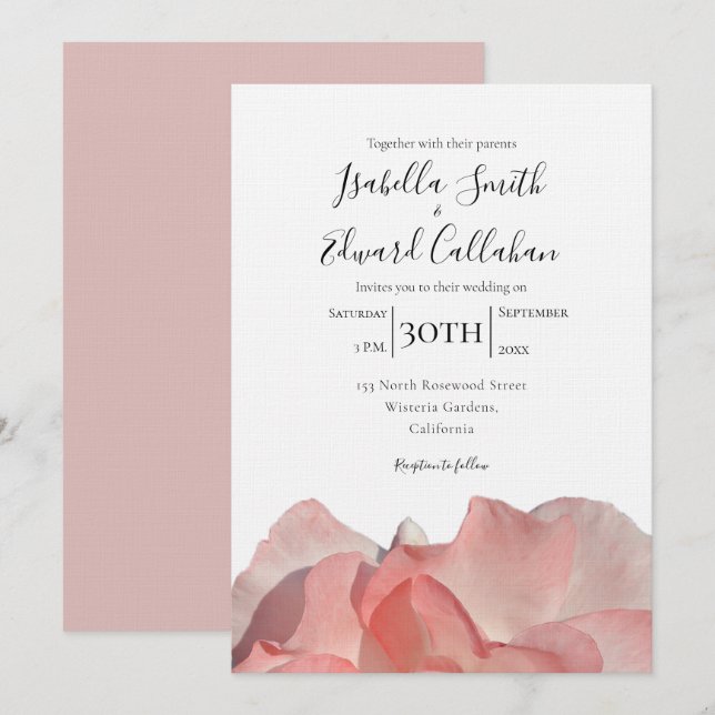 Elegante invitación a la boda floral de rosa rosa  (Anverso / Reverso)