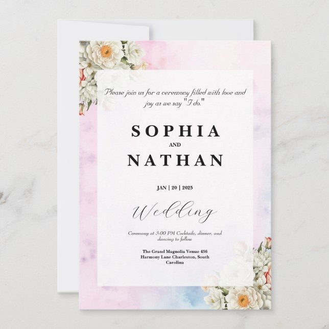 Elegante invitación a la boda floral de Rubor (Anverso)
