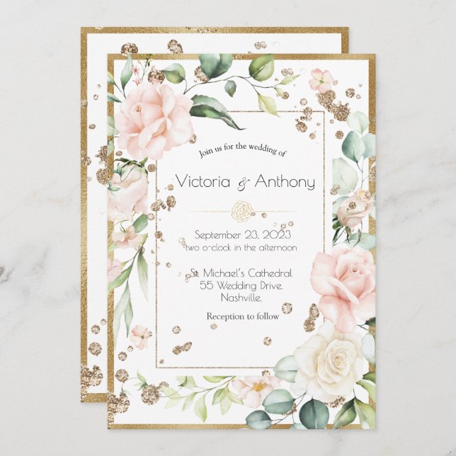 Elegante invitación a la boda floral de Rubor rosa (Anverso / Reverso)