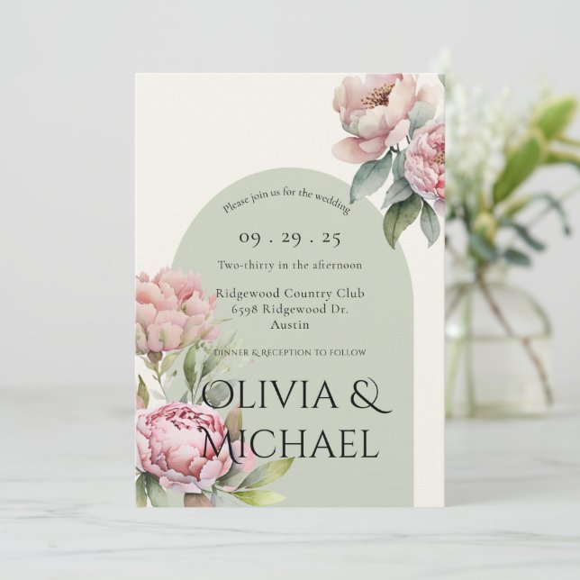 Elegante invitación a la boda floral de Rubor rosa (Anverso de pie)