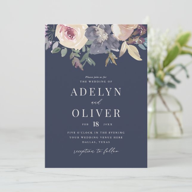 Elegante invitación a la boda floral de Rubor y la (Anverso de pie)
