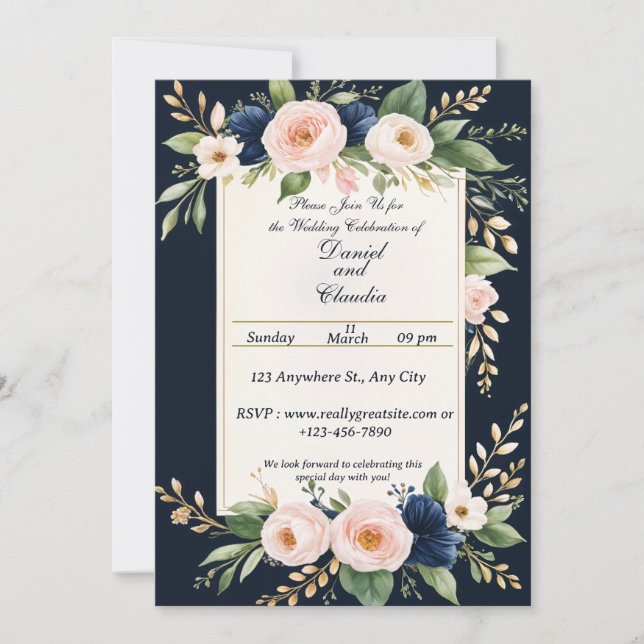 Elegante invitación a la boda floral de Rubor y la (Anverso)