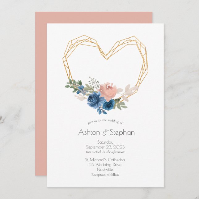 Elegante Invitación a la Boda Floral del Corazón d (Anverso / Reverso)