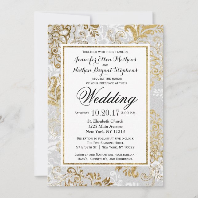 Elegante Invitación a la boda floral dorada y gris (Anverso)