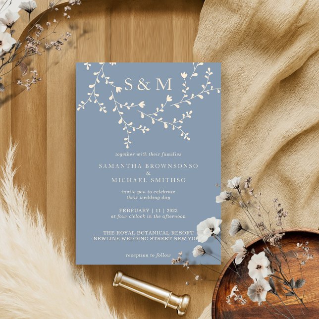 Elegante invitación a la boda floral en beige azul (Subido por el creador)