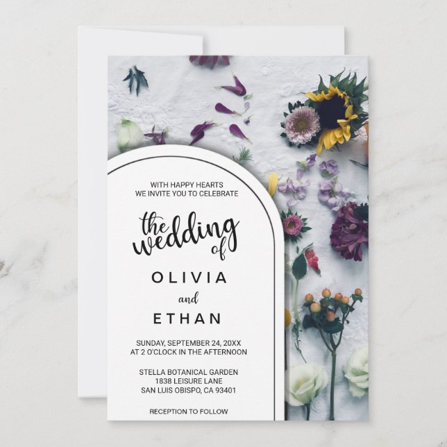 Elegante invitación a la boda floral en blanco y n (Anverso)