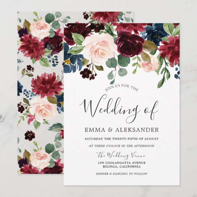 Elegante invitación a la boda floral en Borgoña y  (Anverso / Reverso)