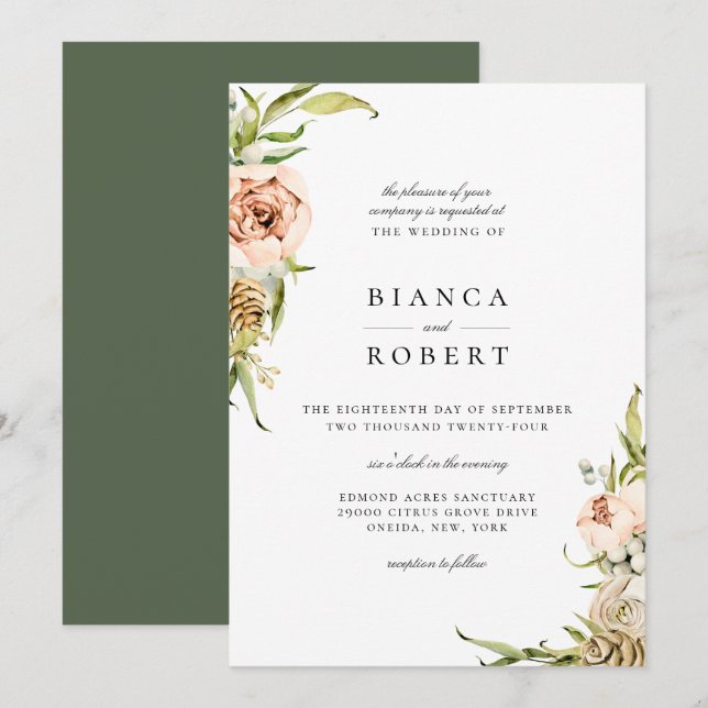 Elegante Invitación a la Boda Floral Forestal Botá (Anverso / Reverso)