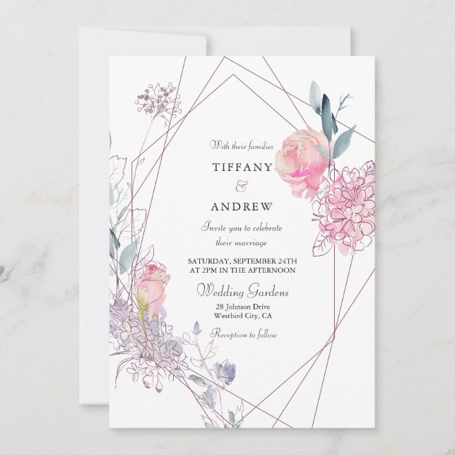 Elegante Invitación a la Boda Floral Geométrica Ro (Anverso)