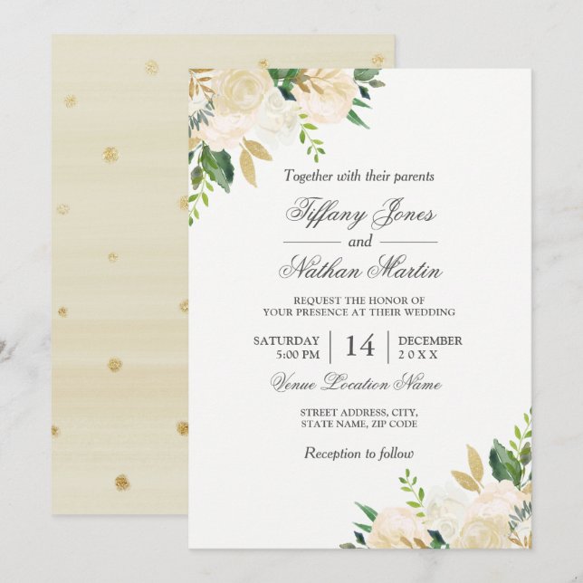 Elegante Invitación a la Boda Floral Gold (Anverso / Reverso)