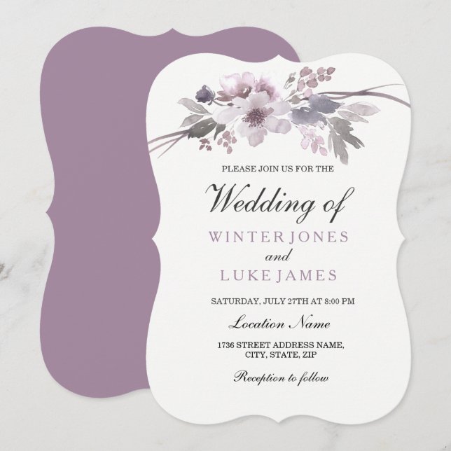 Elegante Invitación a la Boda Floral Gris Gúrpura (Anverso / Reverso)
