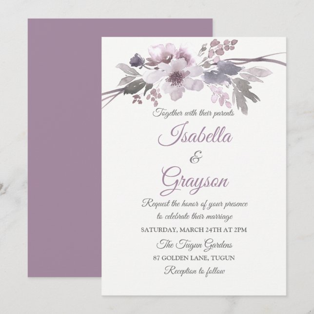 Elegante Invitación a la Boda Floral Gris Gúrpura (Anverso / Reverso)