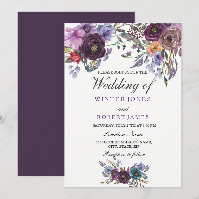 Elegante Invitación a la Boda Floral Morada de Inv (Anverso / Reverso)