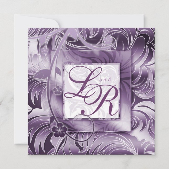 Elegante Invitación a la Boda Floral Morado Plata (Anverso)