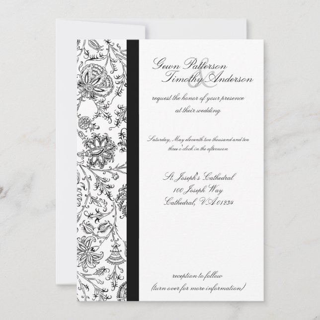 Elegante invitación a la boda floral negra (Anverso)