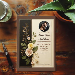 Elegante invitación a la boda floral, negra y crem
