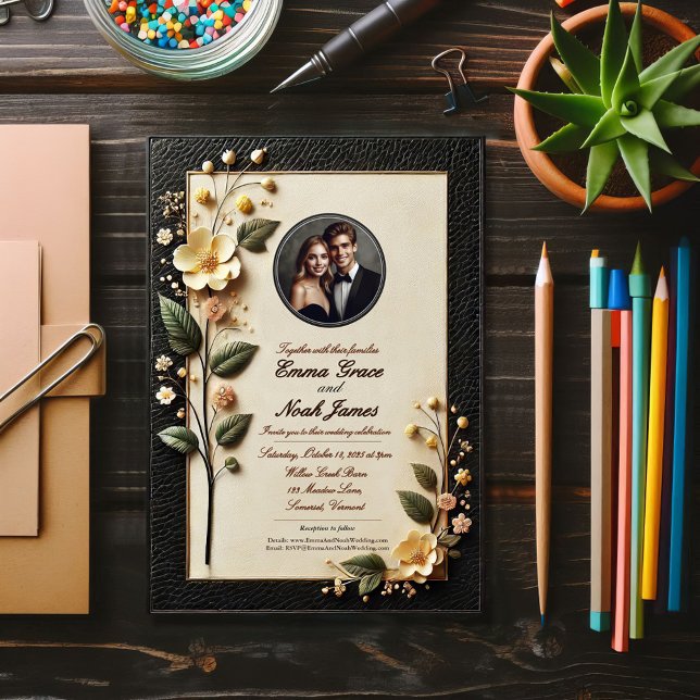 Elegante invitación a la boda floral, negra y crem (Subido por el creador)
