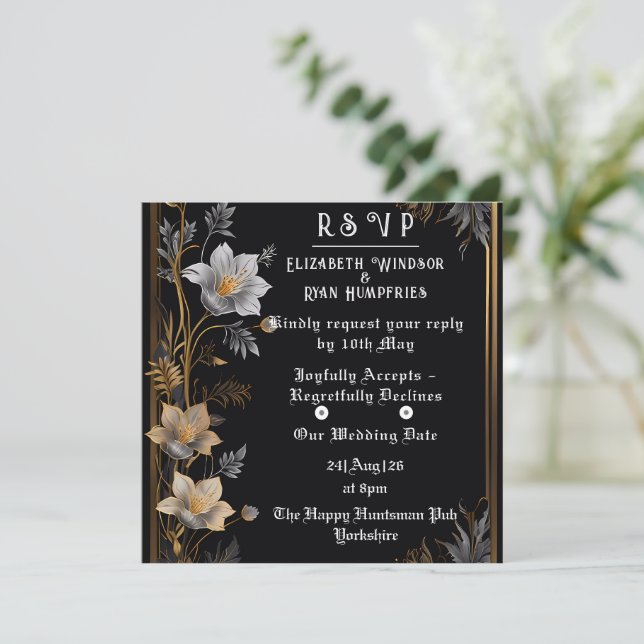 Elegante Invitación a la Boda Floral Oro y Plata (Anverso de pie)