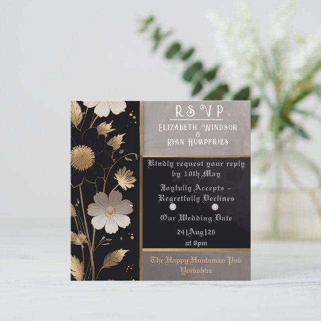 Elegante Invitación a la Boda Floral Oro y Plata (Anverso de pie)