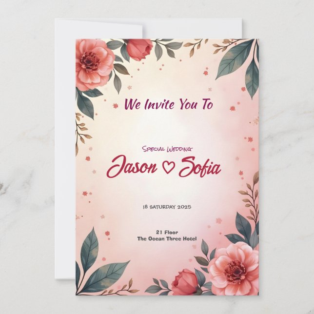 Elegante Invitación a la boda floral Peonies rosad (Anverso)