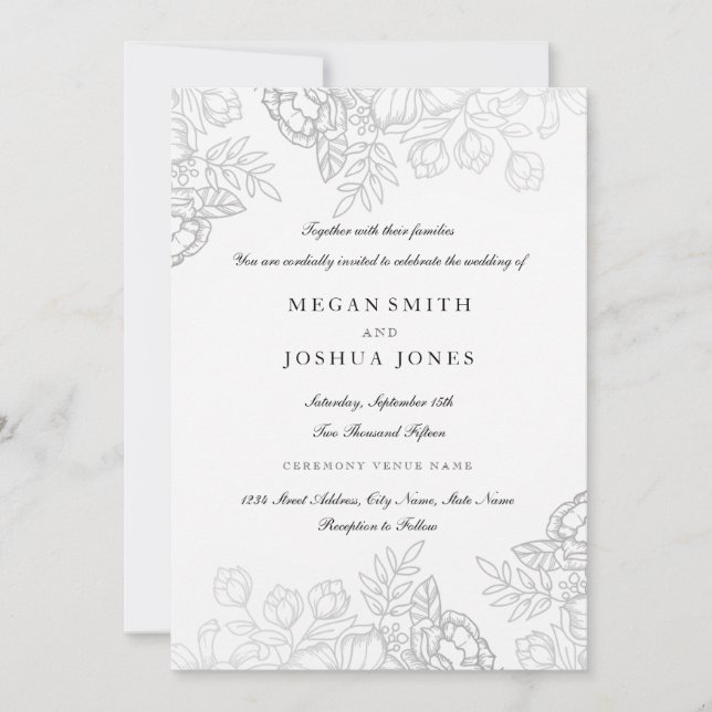 Elegante invitación a la boda floral plateada (Anverso)