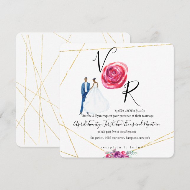 Elegante Invitación a la Boda Floral Purple Gold (Anverso / Reverso)