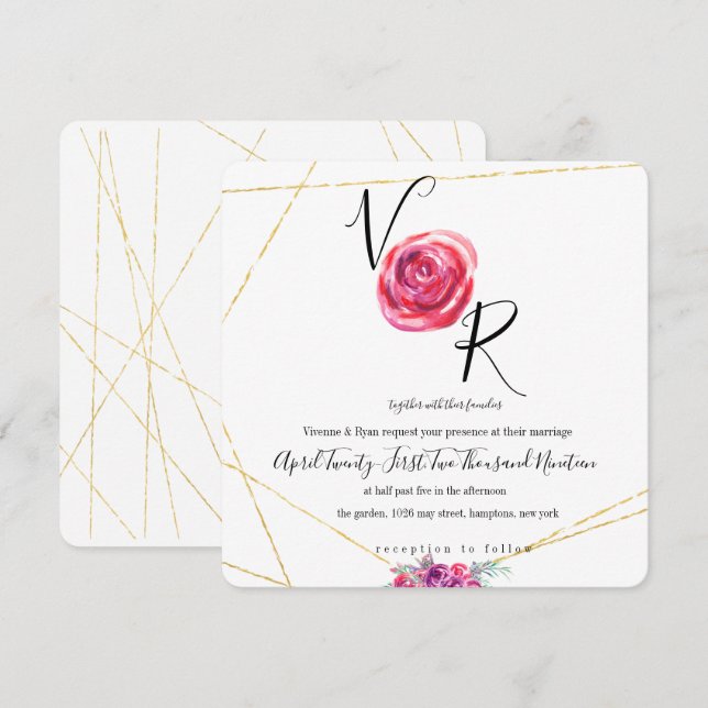 Elegante Invitación a la Boda Floral Purple Gold (Anverso / Reverso)