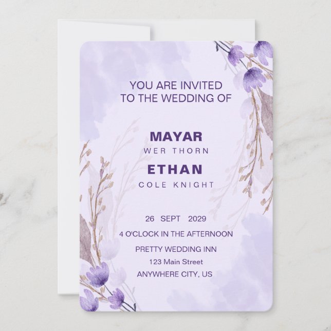 Elegante Invitación a la Boda Floral Púrpura (Anverso)