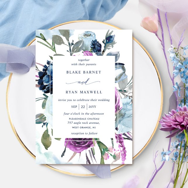 Elegante invitación a la Boda Floral Púrpura y Azu (Subido por el creador)