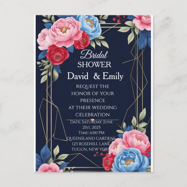 Elegante invitación a la boda floral real (Anverso)