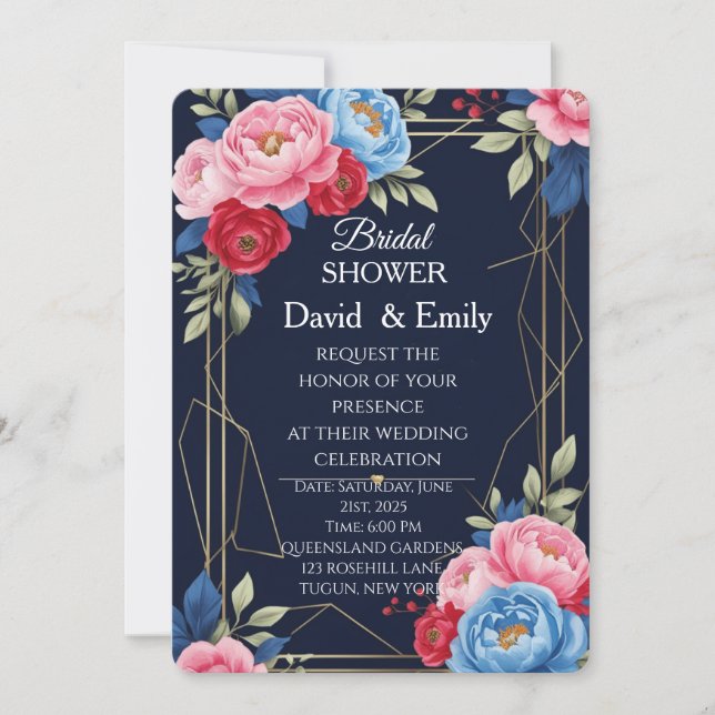 Elegante invitación a la boda floral real (Anverso)