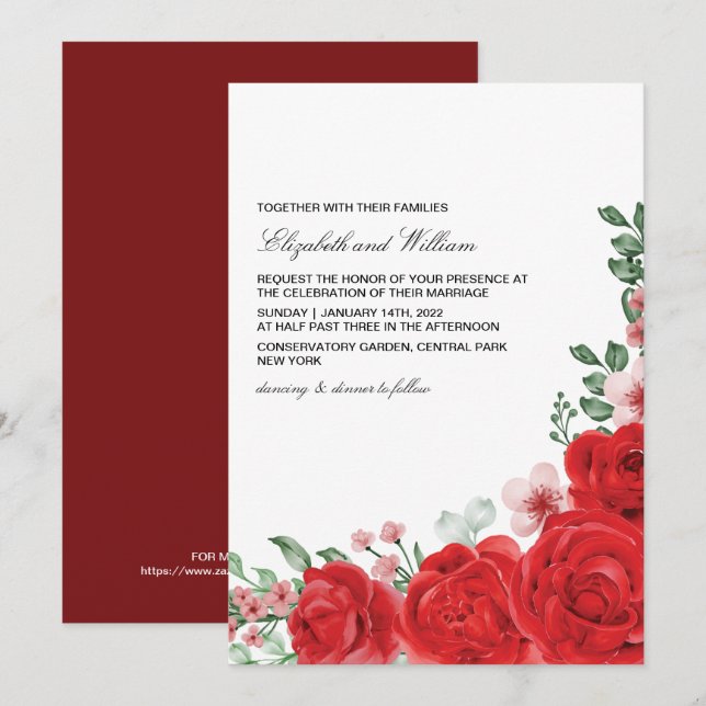 Elegante invitación a la boda floral roja (Anverso / Reverso)