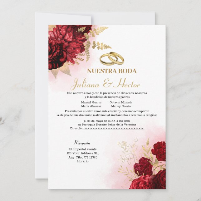 Elegante invitación a la boda floral roja de Nuest (Anverso)