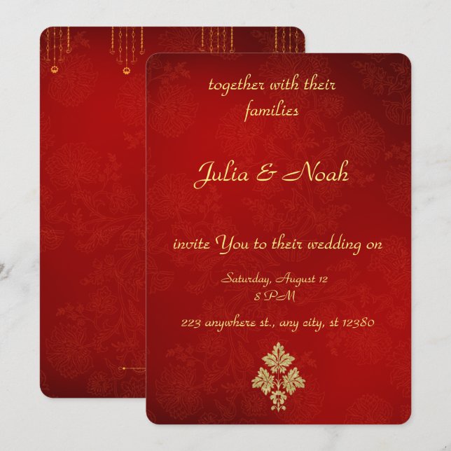 Elegante Invitación a la Boda Floral Roja y Dorada (Anverso / Reverso)
