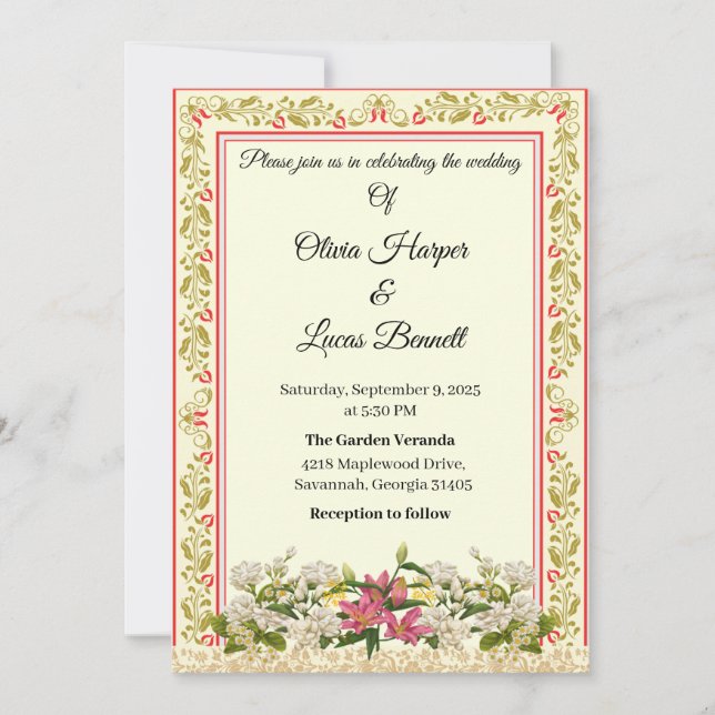 Elegante Invitación a la Boda Floral Roja y Dorada (Anverso)