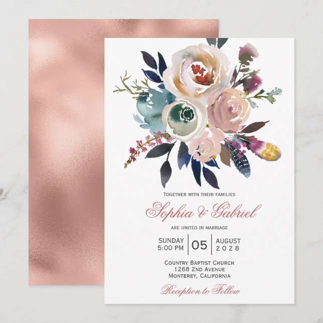 Elegante Invitación a la Boda Floral Rosa Azul (Anverso / Reverso)