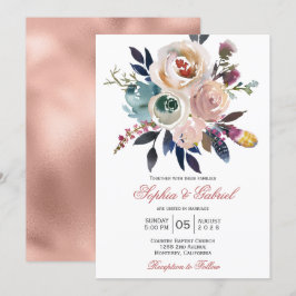 Elegante Invitación a la Boda Floral Rosa Azul