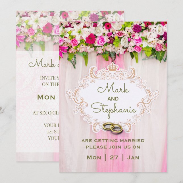 Elegante Invitación a la boda floral rosa brillant (Anverso / Reverso)