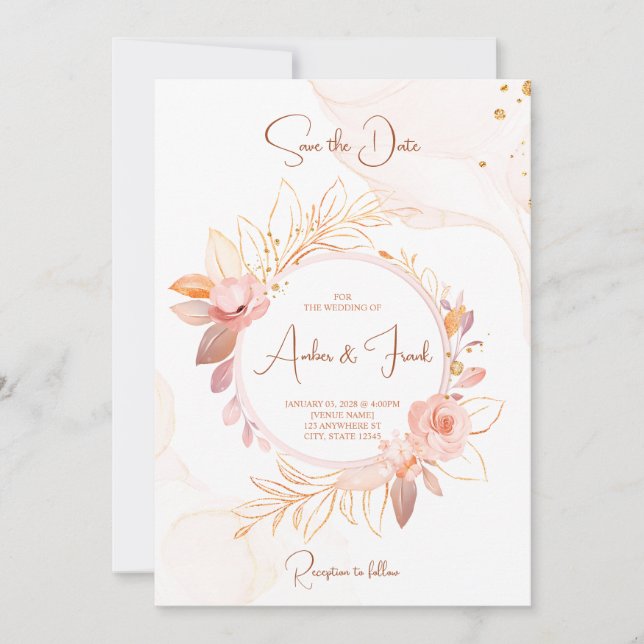 Elegante Invitación a la boda floral rosa con códi (Anverso)