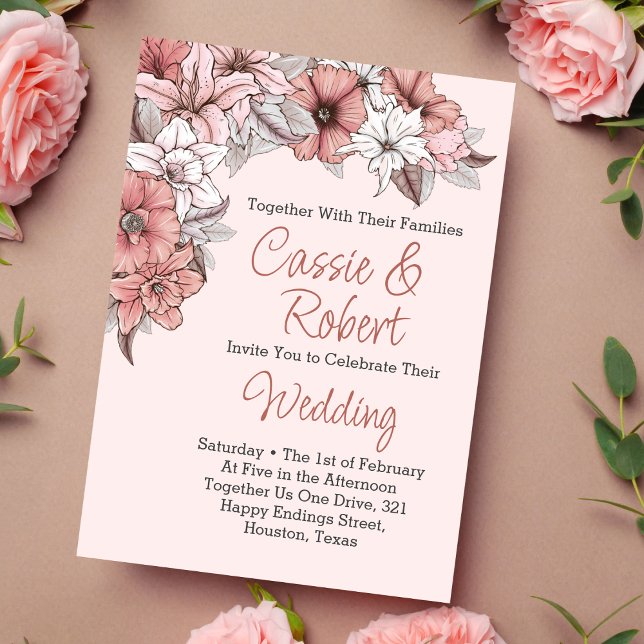 Elegante invitación a la boda floral rosa y blanca (Subido por el creador)