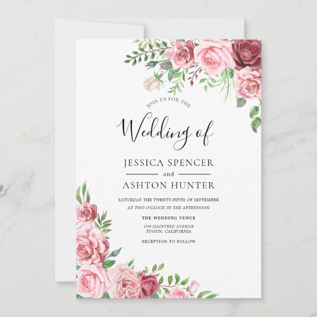 Elegante invitación a la boda floral rosa y borgoñ (Anverso)