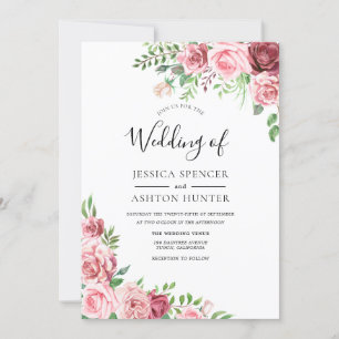 Elegante invitación a la boda floral rosa y borgoñ