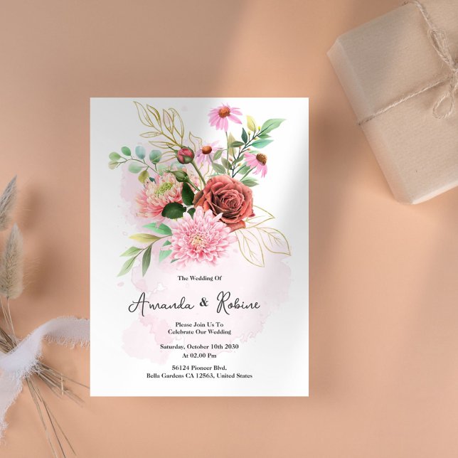 Elegante invitación a la boda floral rosa y borgoñ (Subido por el creador)