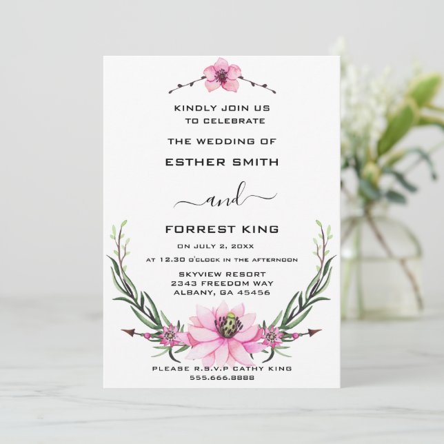 Elegante invitación a la boda floral rosa y morada (Anverso de pie)