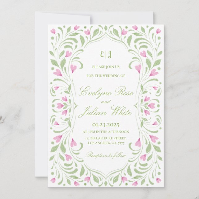 Elegante invitación a la boda floral rosa y verde (Anverso)