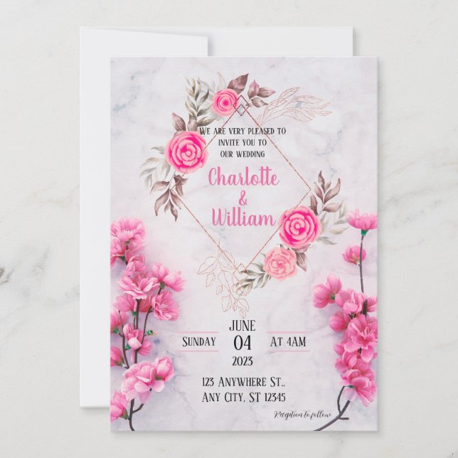 Elegante invitación a la boda floral rosada (Anverso)