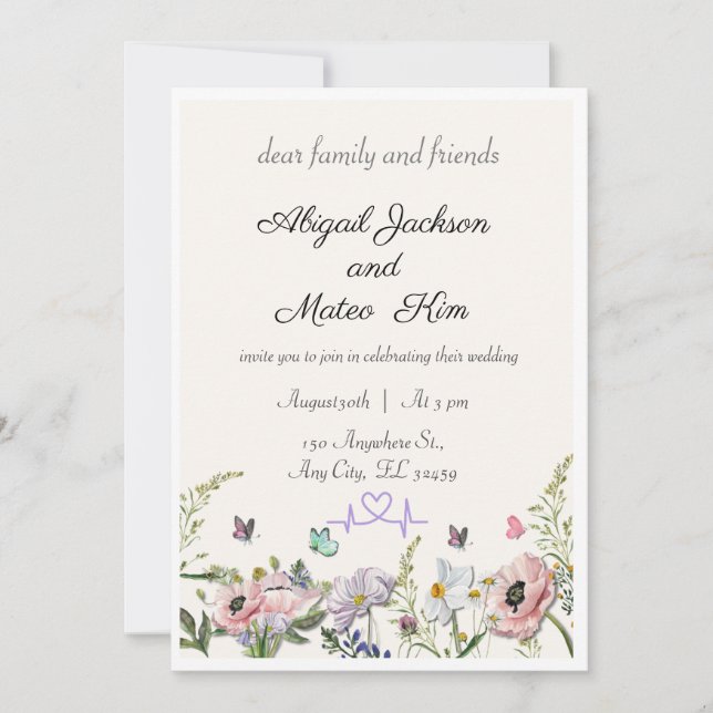 Elegante invitación a la boda floral rosada (Anverso)